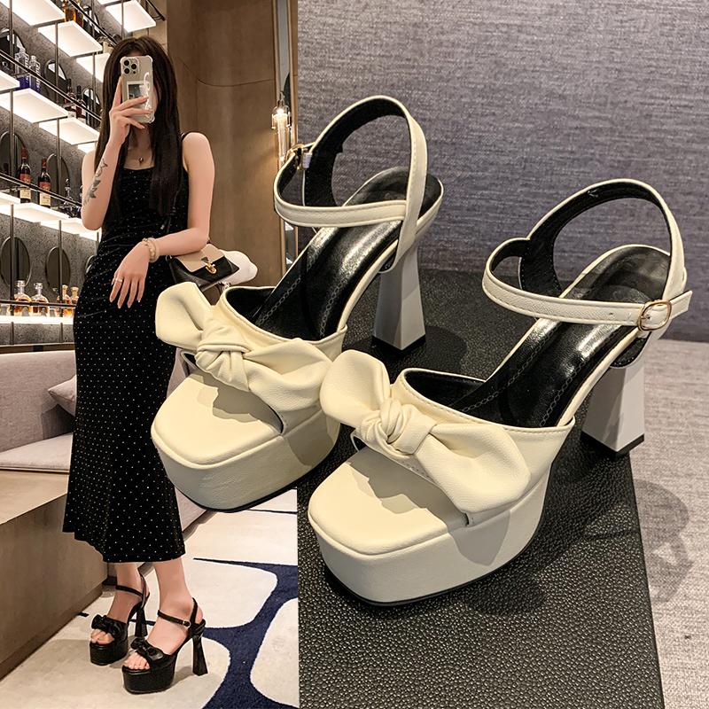 Fashion New French Non-tiring Sandals for Women, Butterfly Square Head Knot Waterproof Platform, Paired with Skirt and High Heels