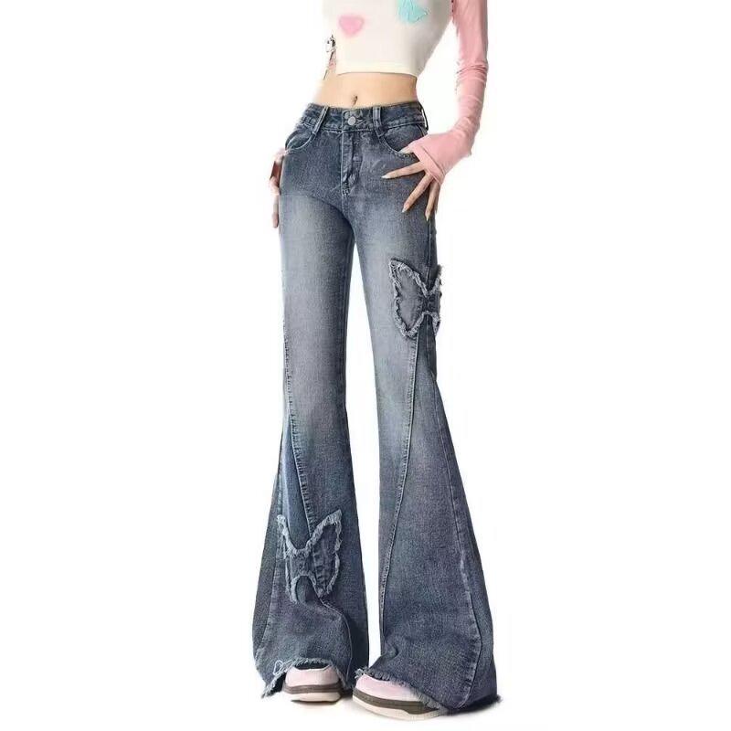 Plus Size Butterfly Embroidery Flare Jeans - Women's Summer Streetwear Slimming Wide-Leg Pants