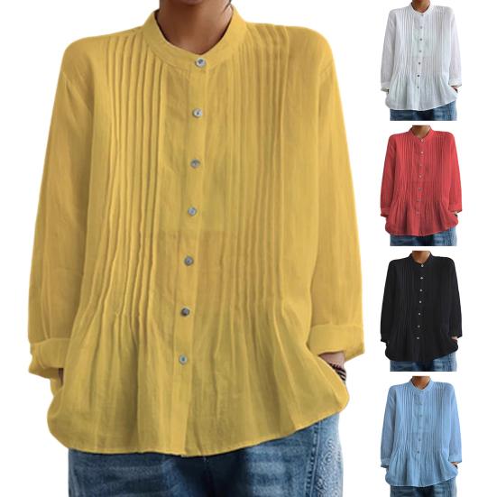 Women Shirt Pure Color Stand Collar Long Sleeve Single-Breasted Button Casual Tops Work