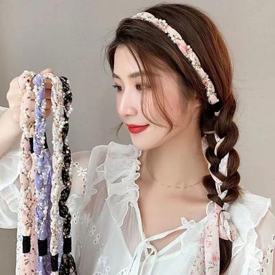 Fashion Summer Floral Hair Ribbon Headbands for Women French Rhinestones Pearl Weave Long Tassel Hair Bands Headwear