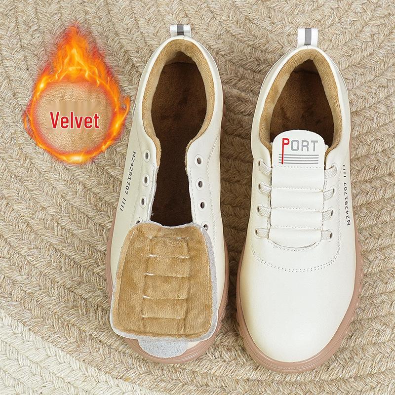 Women's Fleece-Lined White Leather Sneakers: Warm Winter Fashion - Soft Upper & Casual Style for Middle-Aged and Elderly.