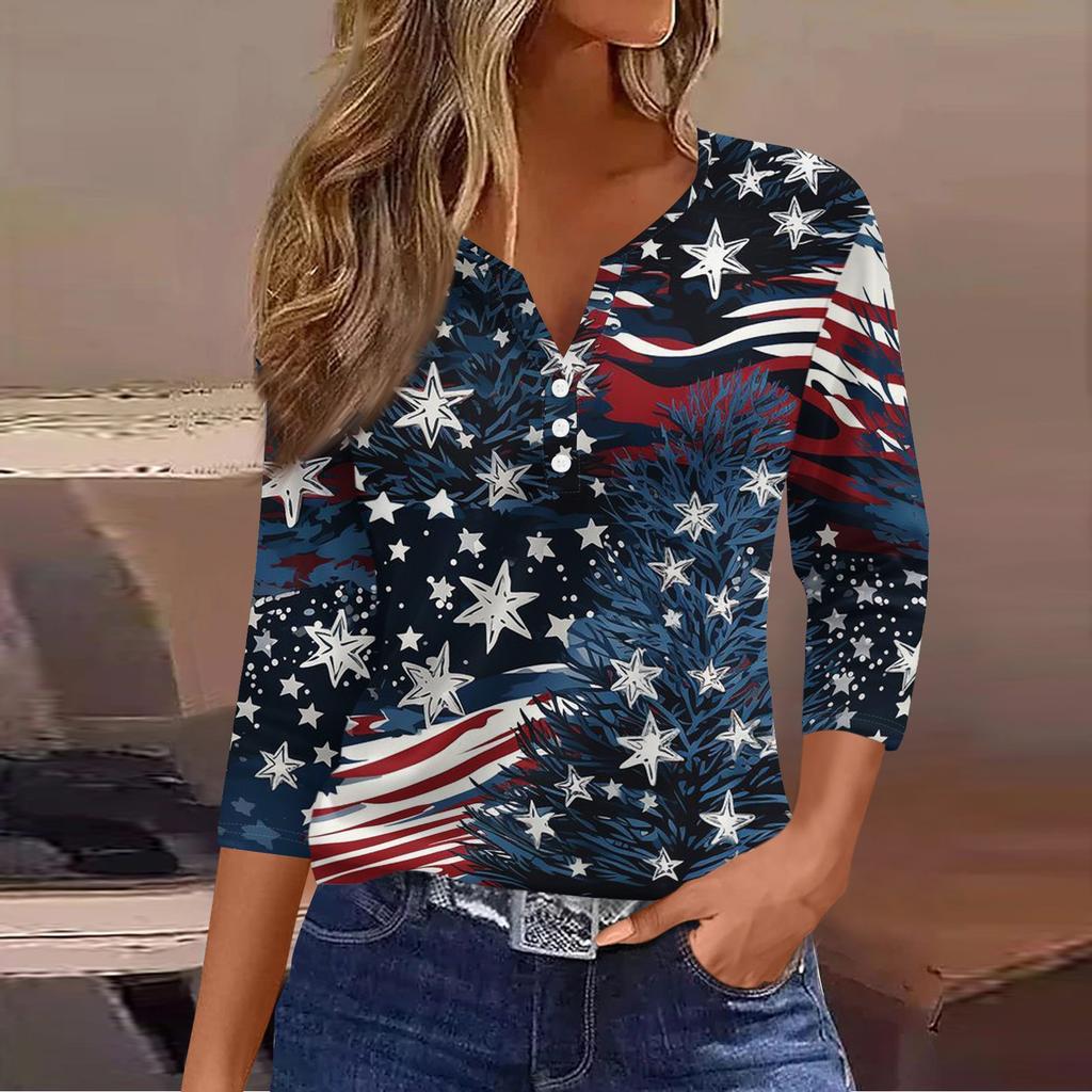 Women's Fashion Casual Independence Day American Flag Stars and Stripes Print Collar V-Neck Three-Quarter Sleeve Decorative Button-Up T-Shirt Top