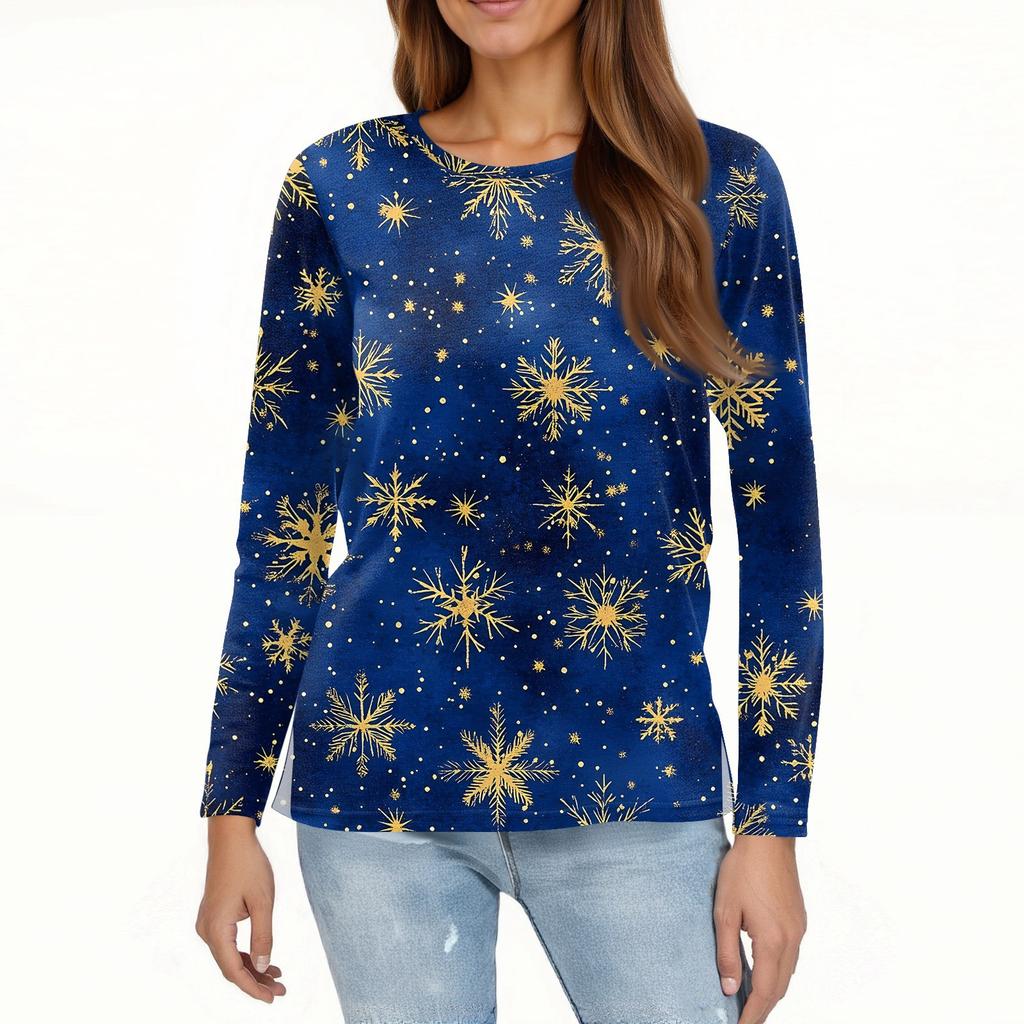 Women's Fashion Casual Slit Hem Round Neck Long Sleeve Loose Christmas Printed T-Shirt Ladies Top