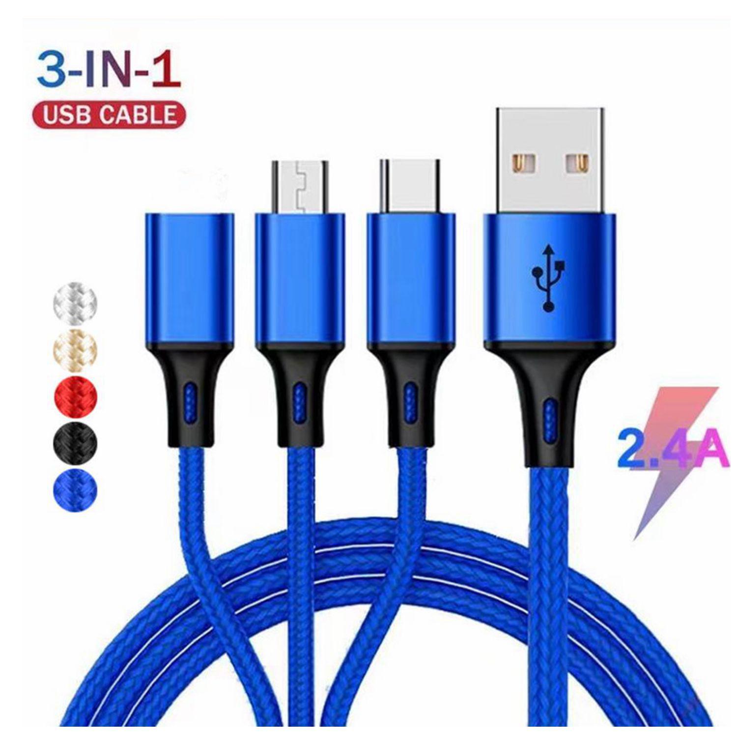 

One-to-Three Braided Charging Cable: Compatible with Apple, Android, and Type-C Devices 120 cm красный