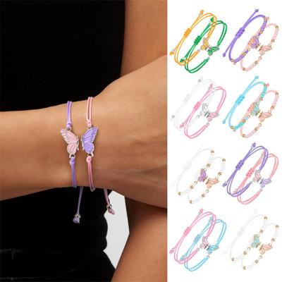 2 Pièces/Ensemble Bracelet Couple Cordelette de Cire Réglable Papillons Pendentif Bracelet d'Amitié d'Amour avec Carte de Bénédiction Bijoux assortis pour Meilleure Amie