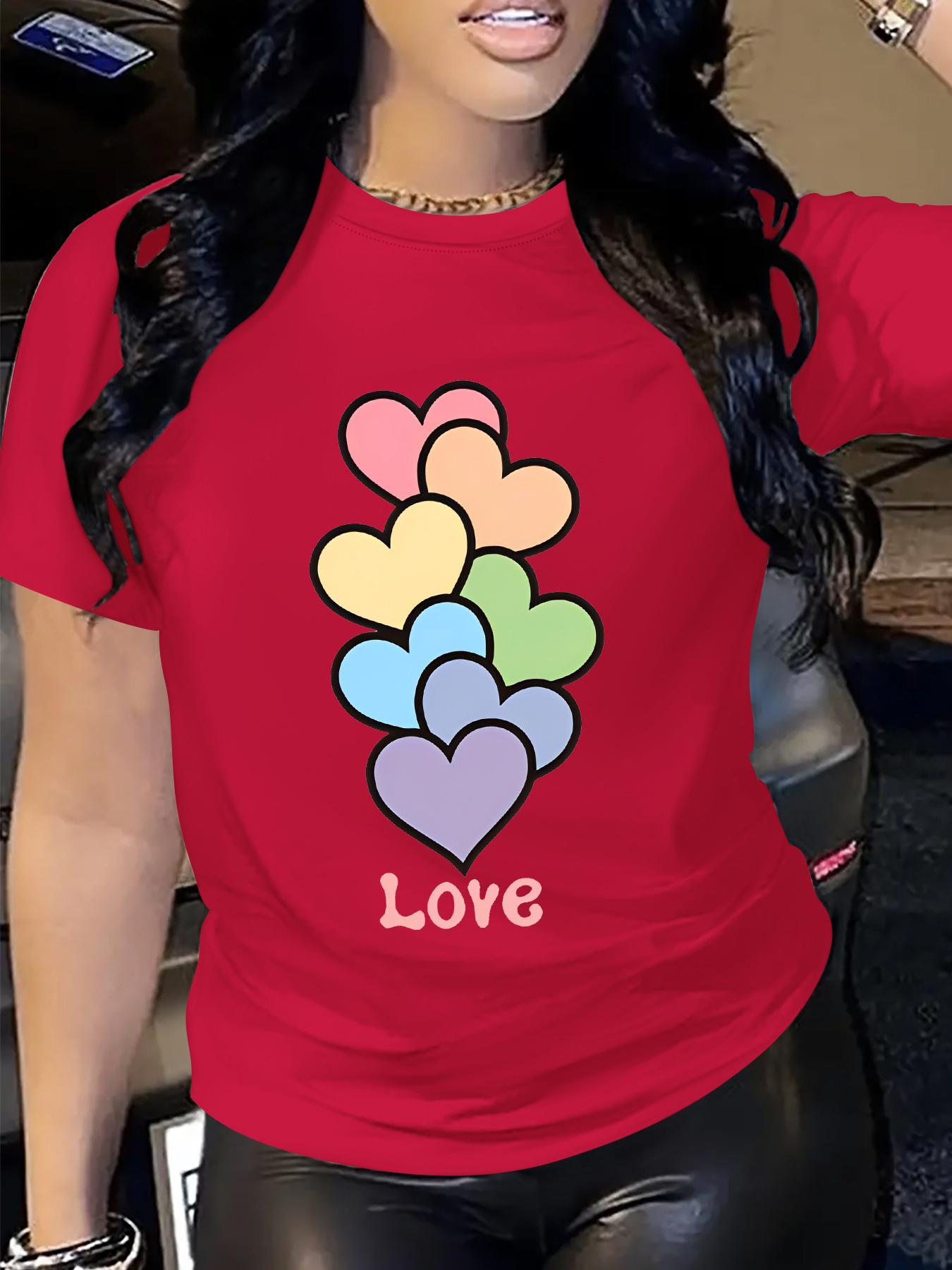 

Womens Casual Sporty ShortSleeve TShirt with Colorful Heart Print Love Text Round Neck Fit for Summer Attire Ladies TShirts 4XL