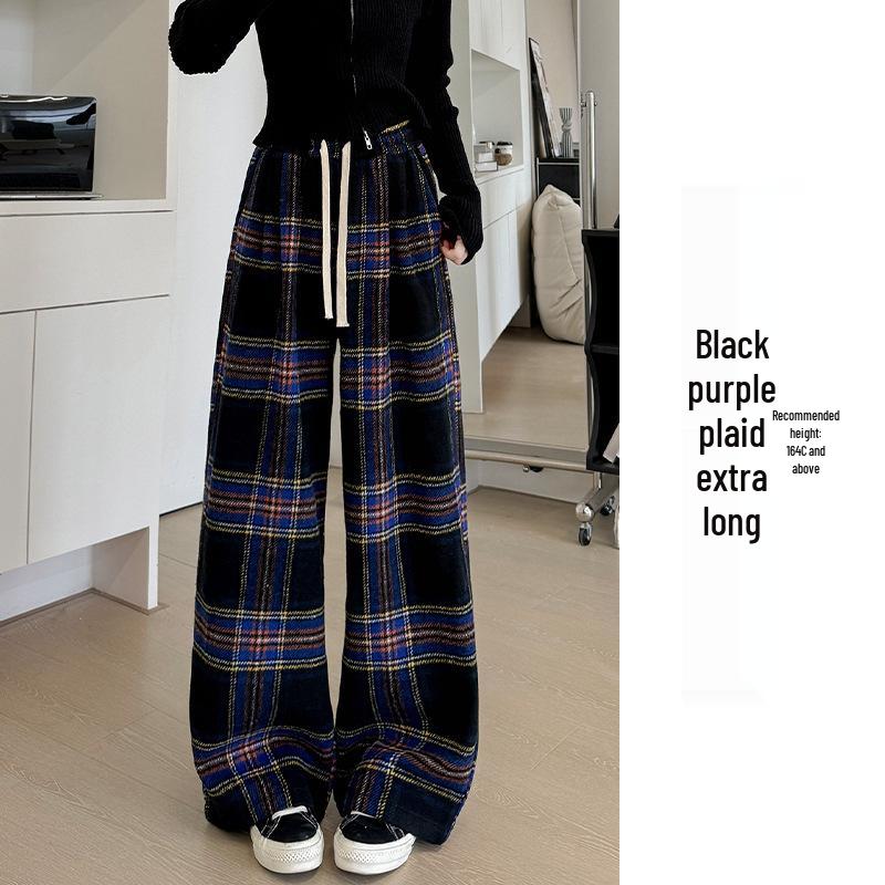 Women's High-End Retro Plaid Velvet Pants: Loose, Slimming Straight-Leg, Casual Wide-Leg Long Pants