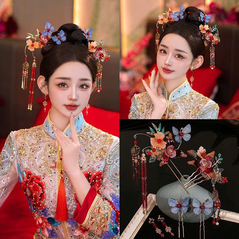 Chińska biżuteria ślubna na głowę: 2025 Spinka do włosów z Koroną Feniksa i Frędzlami do Sukni Smoka i Feniksa.