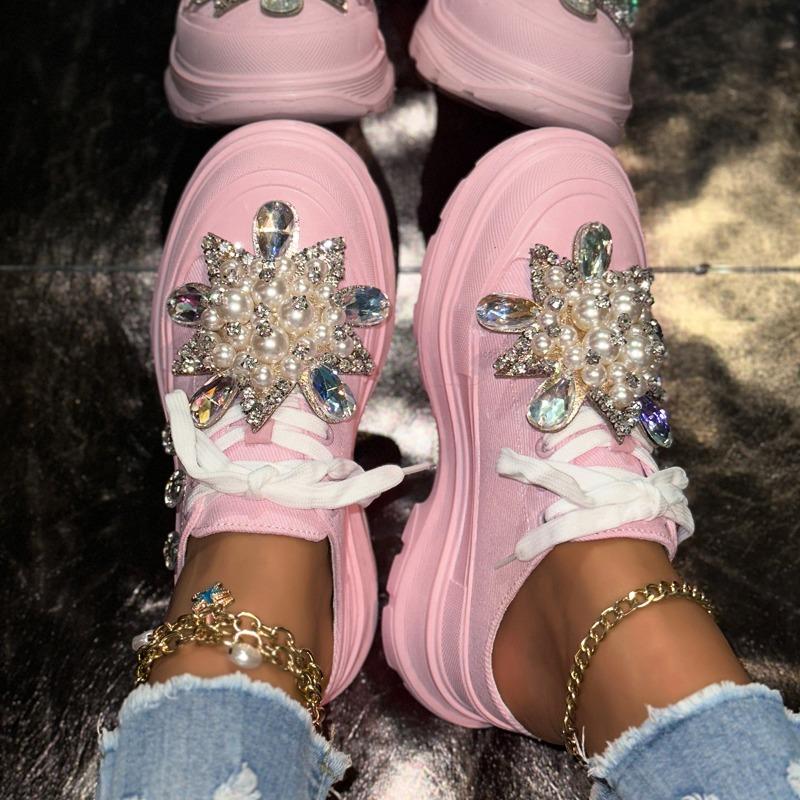 Summer New Sports Shoes Fashionable Women's Lace-up Casual Shoes Medium Heel Breathable Rhinestone White Shoes Half Slippers