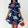 Women's Casual Loose Fit Shirt Dress Button Front Stand Collar Hawaiian Print Short Sleeve Summer Dress