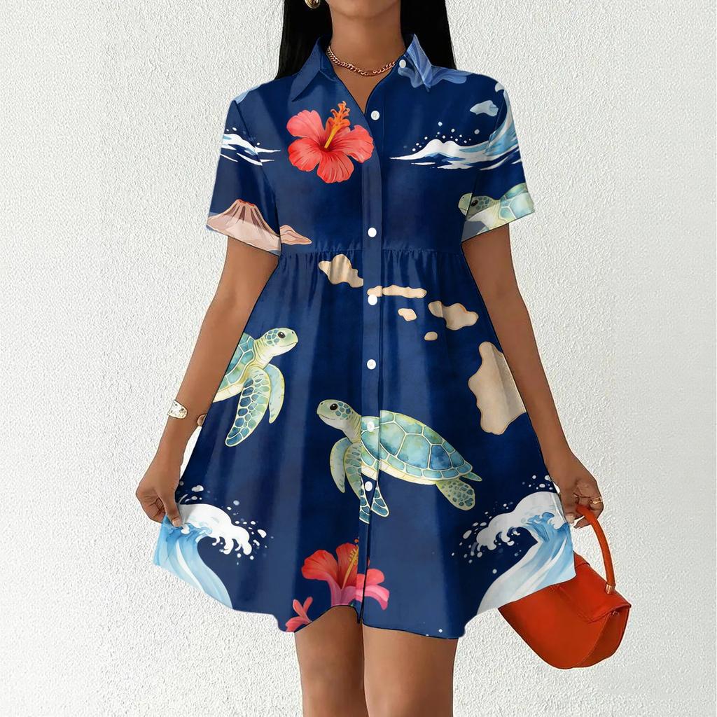 Women's Casual Loose Fit Shirt Dress Button Front Stand Collar Hawaiian Print Short Sleeve Summer Dress