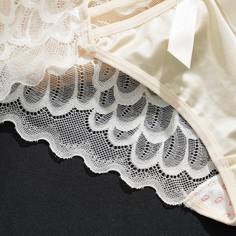 Bowknot Hollow Lace Panties for Women Satin Pure Cotton Crotch Breathable Sexy Mid-waist Women Briefs Underwear Knickers
