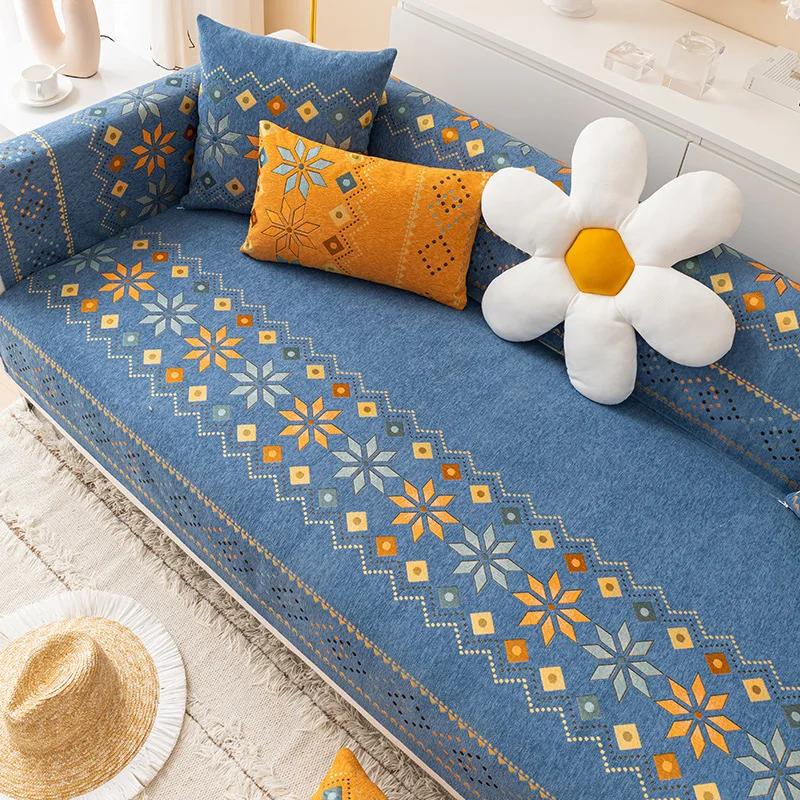 Light Luxury Bohemian 3 Seat Sofa Covers Waterproof Elastic Stretch Plush Chenille Non-Slip Cushions Fabric Material Sofa Cover
