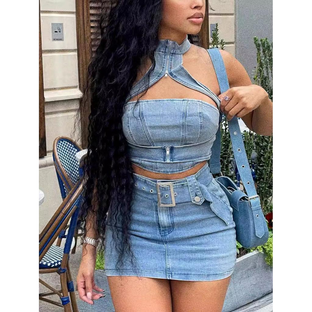 Set Ținută Mini Fustă Denim Decupată Lady Femei Sexy Elegante Două Piese Jeans Club Set Asortat Top+Fustă Cargo