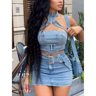 Lady Hollow Out Denim Minirock Outfit Set Sexy Damen Elegant Zweiteiliger Jeans Club Matching Set Top+Cargorock