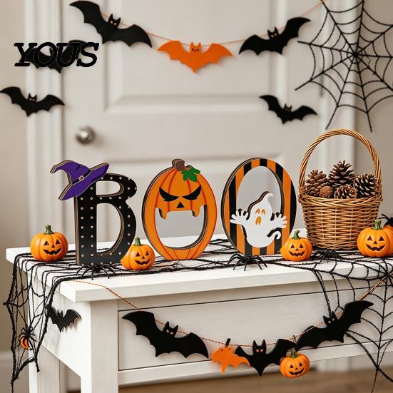 Thickened Wood Halloween Crafts Wooden BOO Ornaments for Tabletop Tiered Tray Decor, Boo Letter Signs Creative Decorations Festive Holiday Home Party