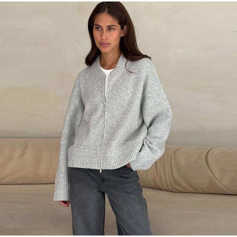 Strikket Ensfarget Dame Cardigan Løs Langermet Glidelås Dame Genser Casual Høst Vinter O-hals Rett Dame Overfrakk