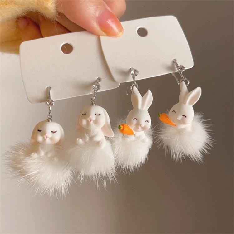 Fashionable Animal Earring White Plush Rabbit Pendant Earrings Women Girls Gift