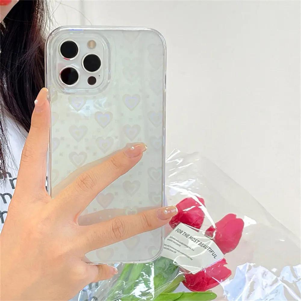 Fashion Gradient Laser Love Heart Pattern Clear Phone Case For iPhone 11 12 13 Pro Max X XS XR 7 8 Plus SE 2020 Shockproof Back