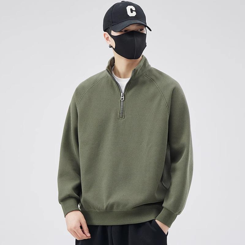 

Spring Autumn Stand Collar Half Zipper Loose Casual Sweatshirt Male Solid Color All-match Bottomed Pullover Top Men 3XL зелений