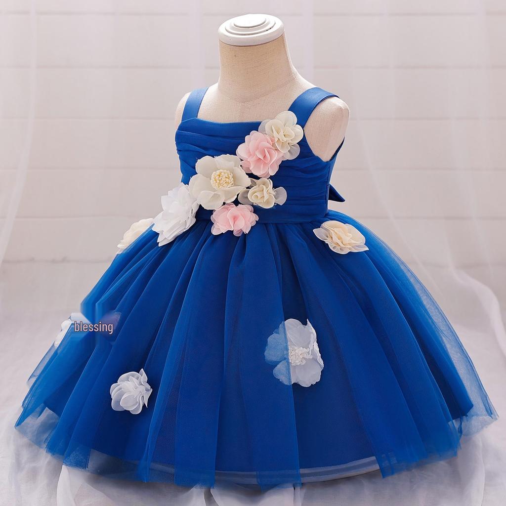 European & American Style One-Shoulder Baby Girl Wedding Dress with 3D Flowers, Ideal for First Birthday or Special Occasion Performance.
