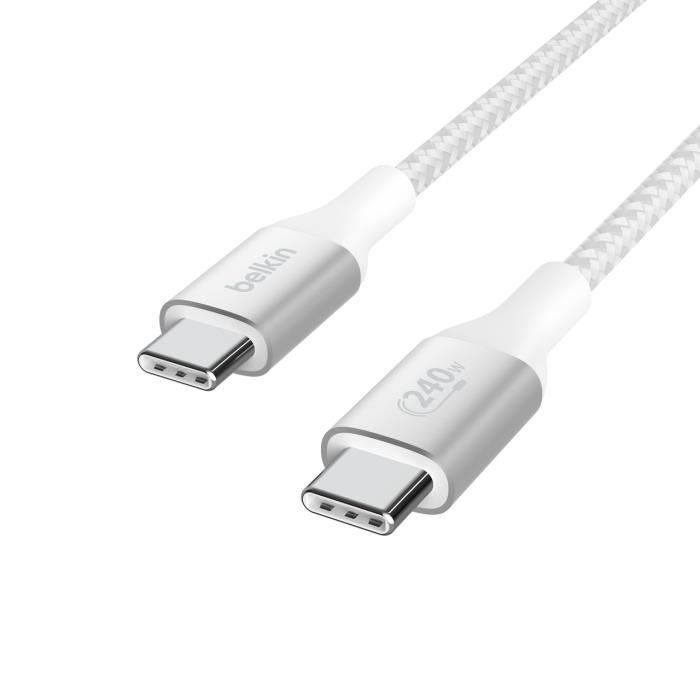Câble USB-C vers USB-C 240W - Belkin - 2 m - Gaine tressée - Charge rapide - Blanc