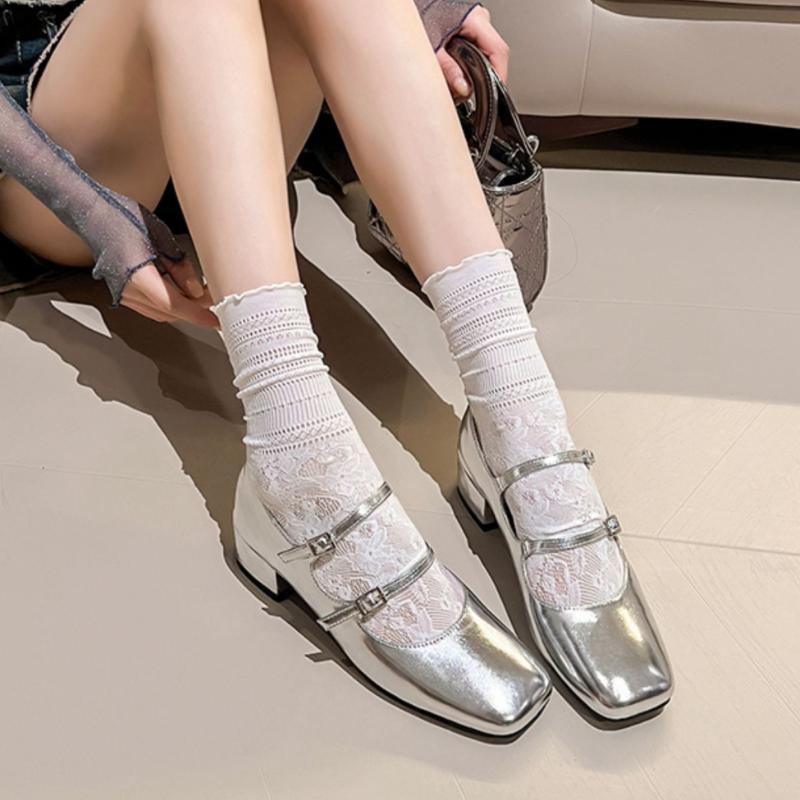 Maogu 2025 Spring French Retro Shallow Mouth Thick Heel Dress Shoes Fashion Silver Square Head Mary Jane Ballet Shoe Low Heels