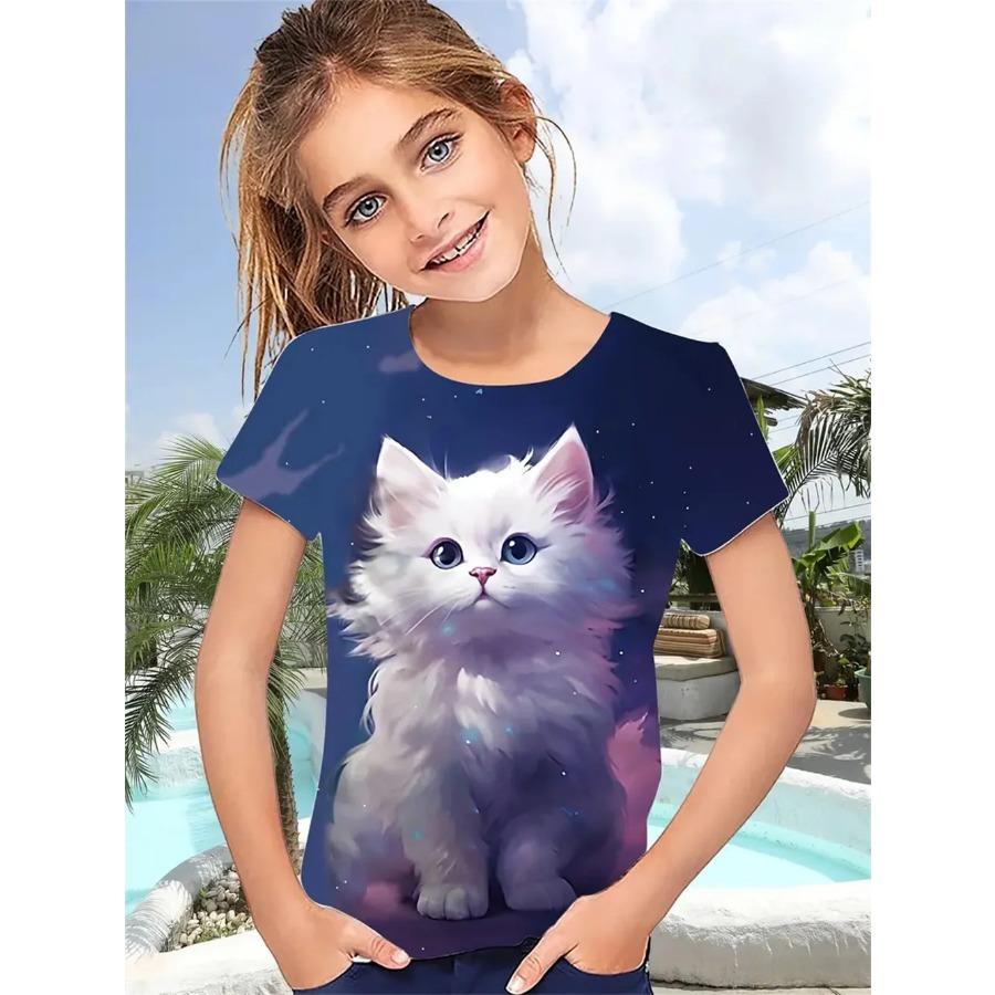 Nová Dívčí trička Funny Animal Cat 3D tisk Dívčí trička Párty móda Topy s krátkým rukávem Tričko 2025 Trička pro volný čas Dívčí oblečení