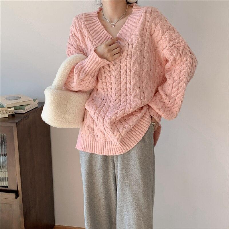 

Осенний корейский модный вязаный свитер, женские элегантные пуловеры с v-образным вырезом, женские свитера, зимние винтажные повседневные топы, 28892 One Size розовый