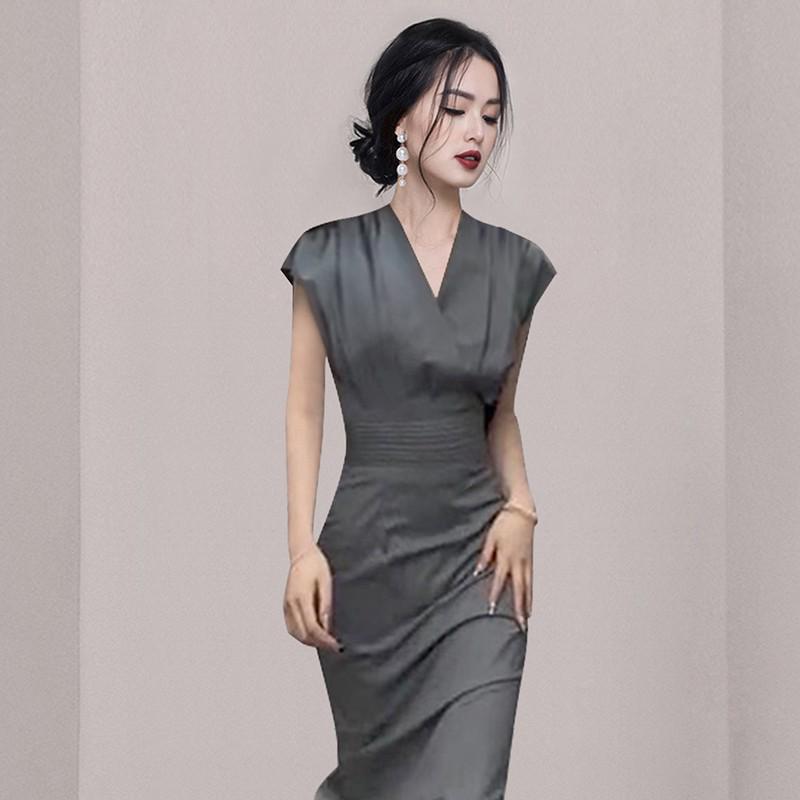 Royal Sister V-Neck Pleated Shrug Slim Dress - Women's Summer Fashion Skirt