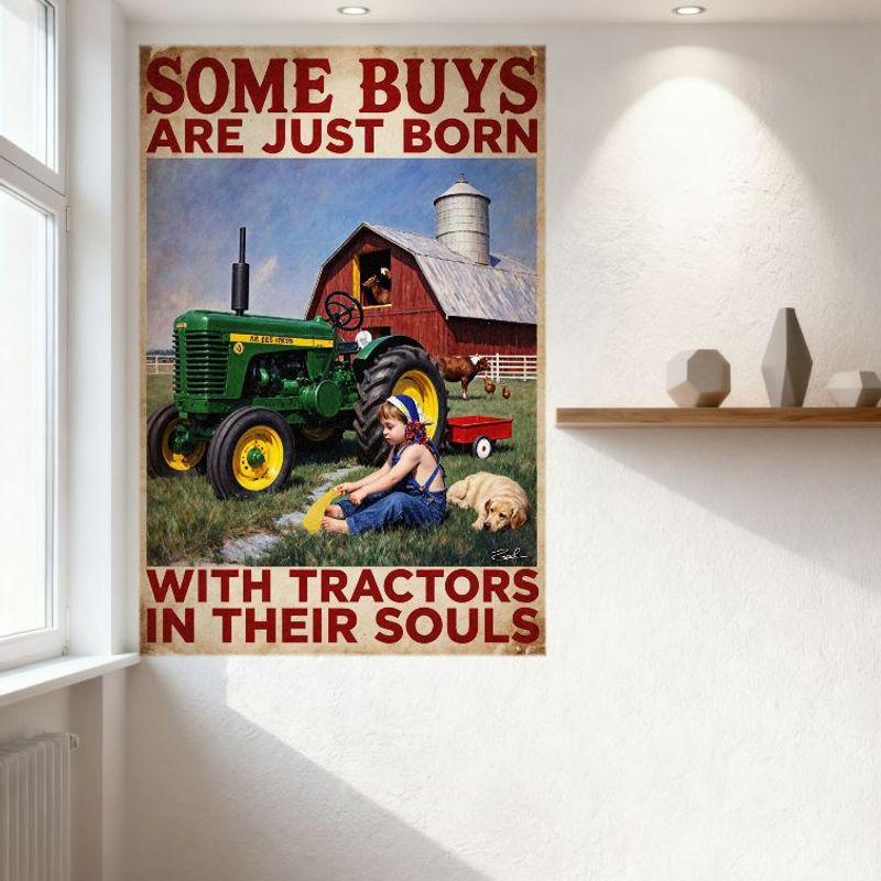 Vintage Farm Life Tin Sign with Child & Tractor 'Some Buys Are Just Born With Tractors In Their Souls' Metal Poster for Home Gar
