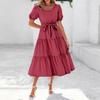 Women's Summer Solid Color Short Sleeve Round Neck Waistband Bohemian Flowy Layered Maxi Dress With Pockets