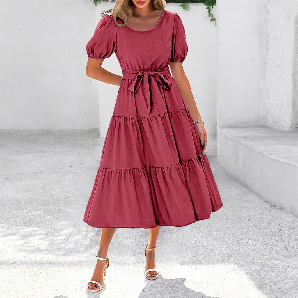 Women's Summer Solid Color Short Sleeve Round Neck Waistband Bohemian Flowy Layered Maxi Dress With Pockets