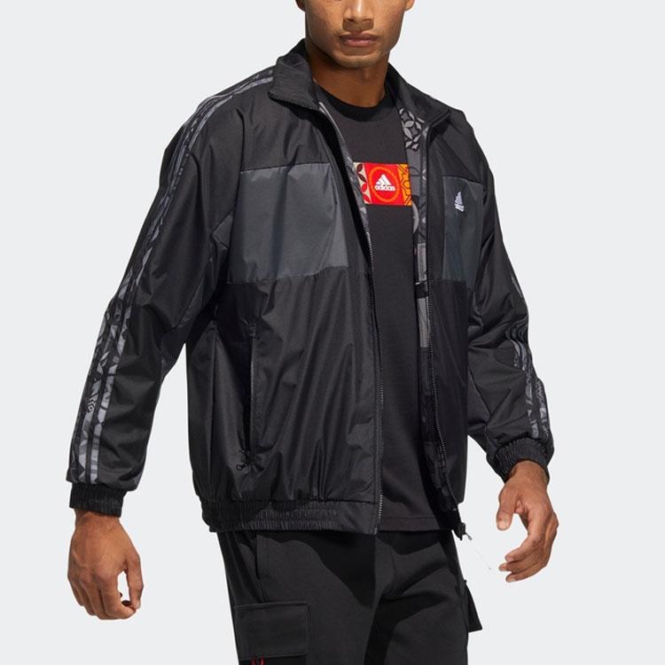 Adidas Logo Print Reversible Fleece-Lined Color Block Stand Collar Jacket Men Outerwear Black HC0268