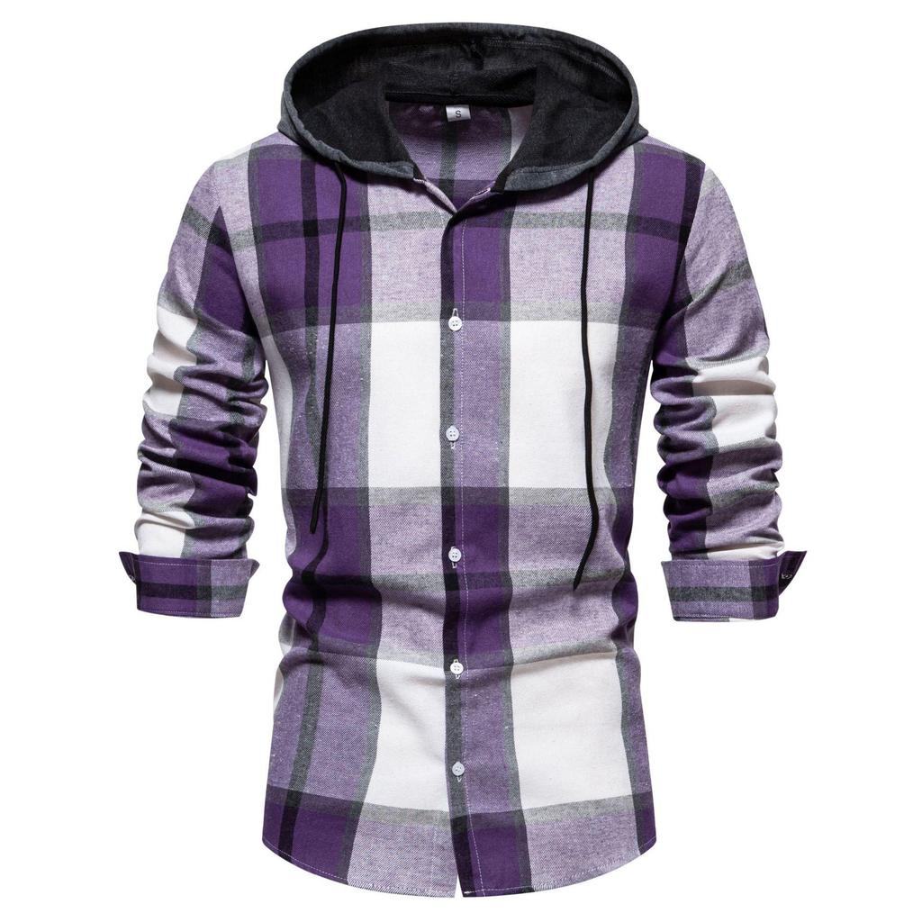 Men's Classic Retro Plaid Shirts Long Sleeve Shirt Jacket with Hood Casual Plaid Shirt for Men Lightweight Work Shirts