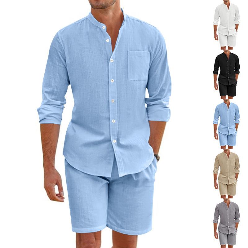 Cotton Linen Breathable Soft Shirt & Shorts Men's Suit Beach Holiday Men's Cotton Linen Long Sleeve Shirt Two-piece Sets