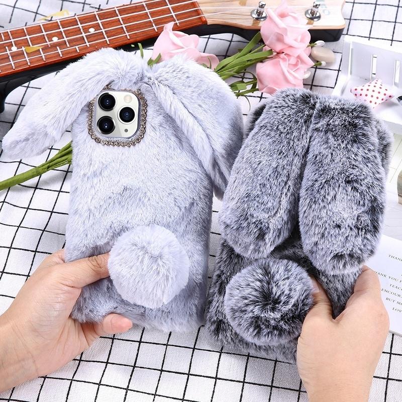 Custodia Peluche Coniglio Per Redmi Note 11T PRO - Cover Morbida Con Orecchie E Strass, Bianco E Grigio