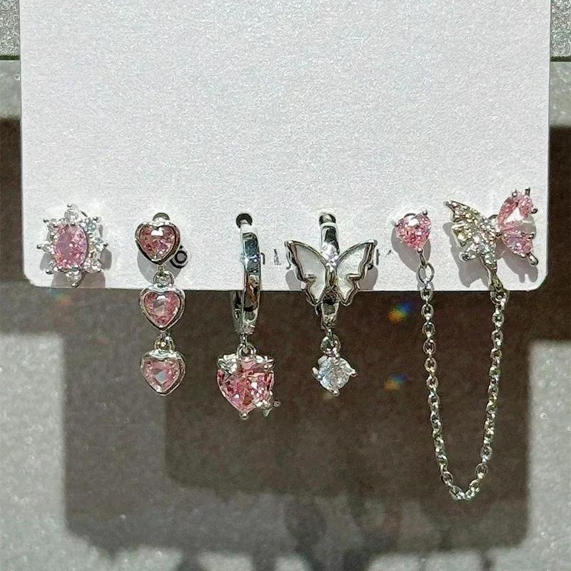 6tlg./Set Gothic Punk Kristall Stern Mond Anhänger Ohrring Set Damen Vintage Stecker Ästhetik Grunge Trendy Y2K Zirkon Accessoires