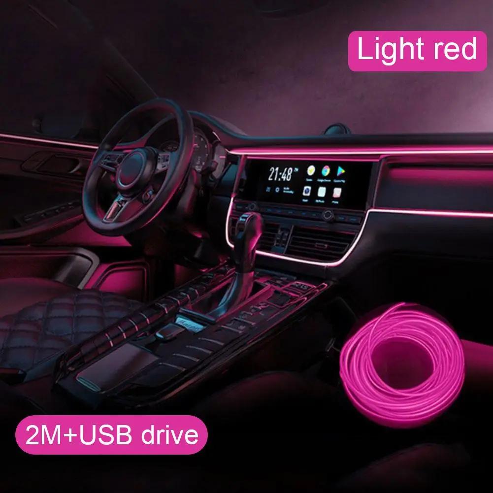 2m Car Interior Atmosphere Lighting LED Strip 5V DIY Line USB Light Cold Auto Lamp EL Tube Decoration Ambient Flexible With S9X1