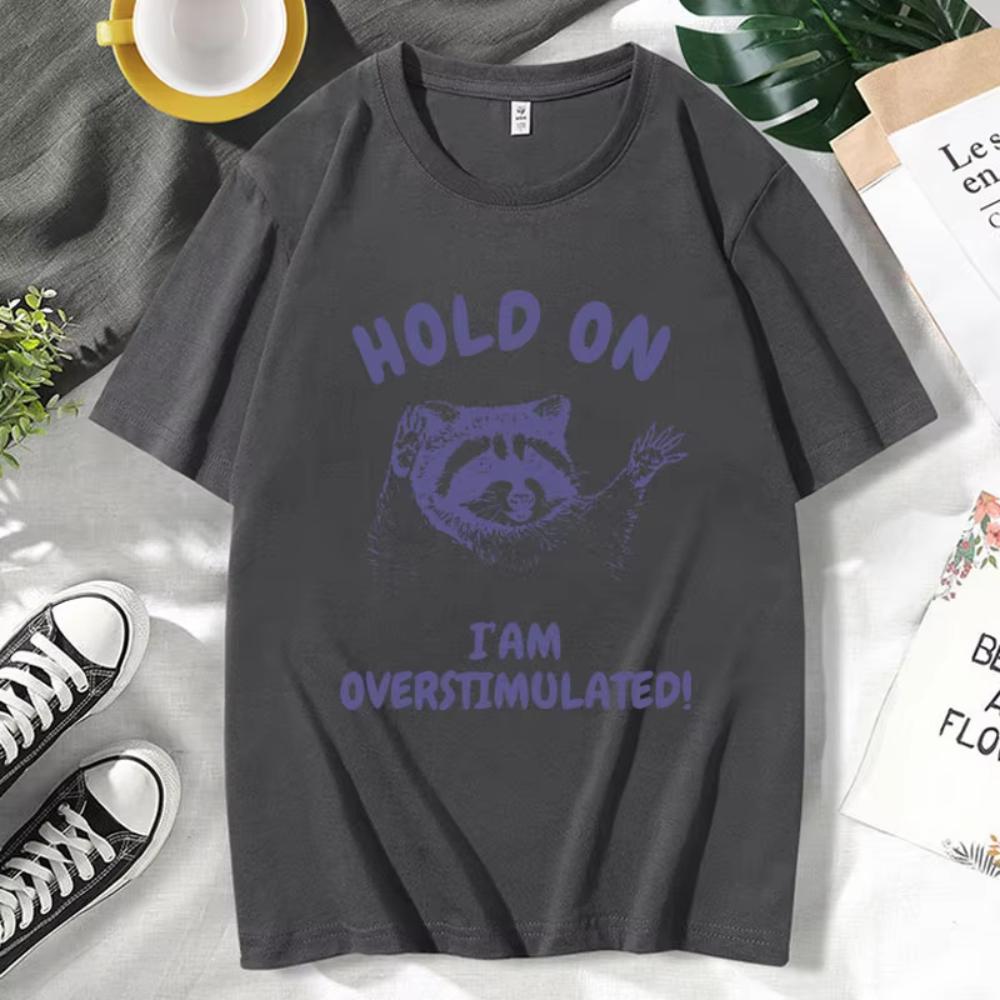 Hold On I'm Overstimulated Funny T-Shirts Male Cute Cartoon Raccoon Graphic T Shirts Men Women's Fashion O-Neck Cotton Tee Shirt