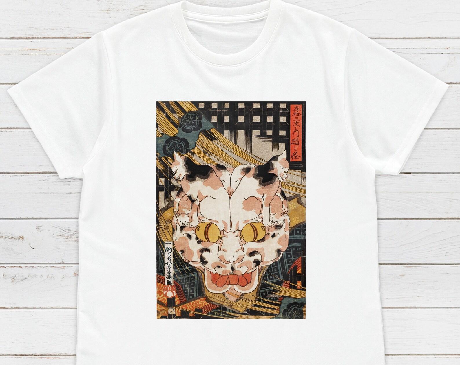 Japanese Ukiyo-e Monster Cat T-Shirt, Woodblock Art Tee XL