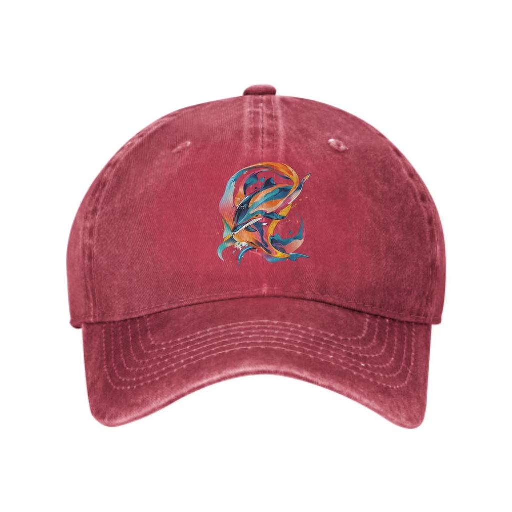 Artistic Dolphin Baseball Cap Washed Cotton Adjustable Casual Outdoor Trucker Hat