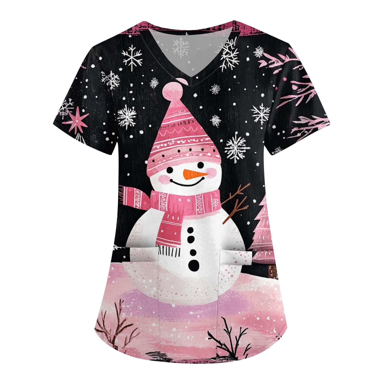 

Жіночий милий робочий одяг з принтами, V-подібним вирізом, двошарові кишені, базовий пуловер з короткими рукавами, Різдво XL рожевий