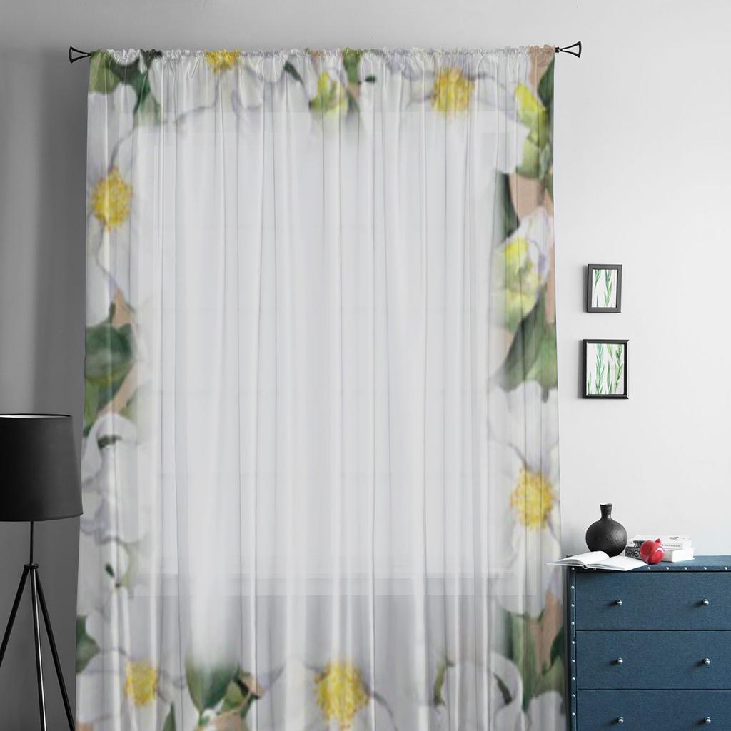 Floral White Flowers Magnolia Chiffon Sheer Curtains for Living Room Bedroom Kitchen Decoration Window Voiles Tulle Curtain