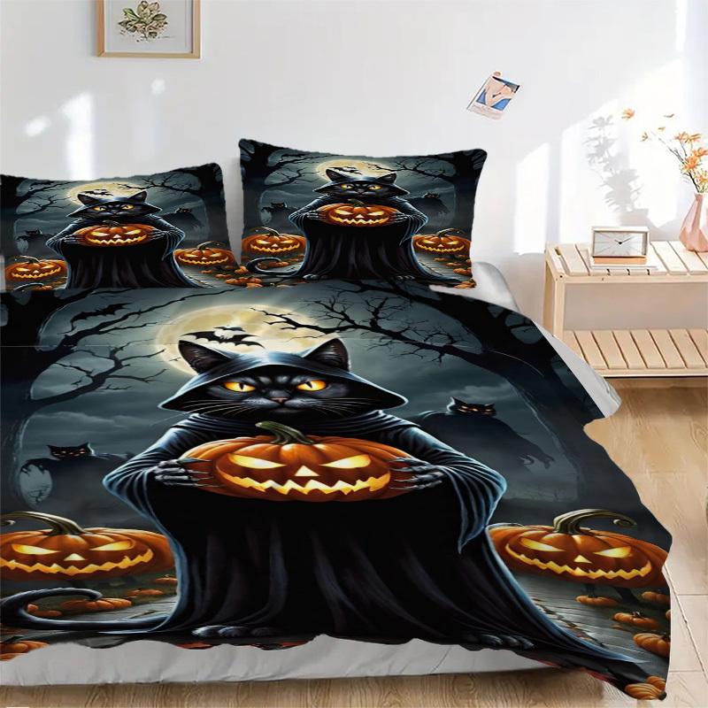 3pcs Cat, Jack-o -Lantern Duvet Cover Set - Includes 1 Duvet Cover and 2 Pillowcases, No Quilt Core, All-Season Home Decor yy251111007 135x200cm