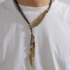 Zinc Zinc Alloy Leather Rope Tassel Necklace Rhinestone Leaves Neck Pendant Golden Feather Necklace  Gift