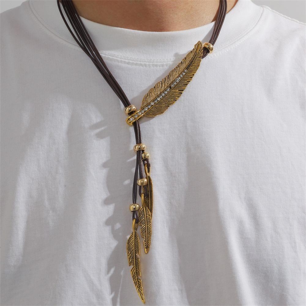Silver Golden Feather Necklace Rhinestone Leaves Neck Pendant Leather Rope Tassel Necklace  Party