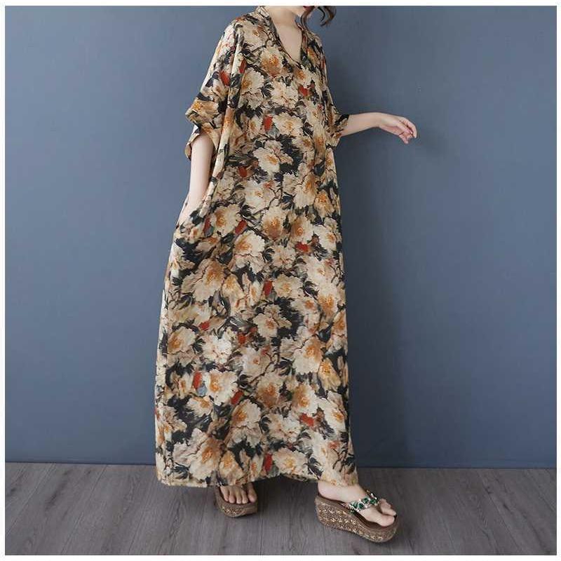 Women's Vintage Long Dress with Cotton and Linen Patterns