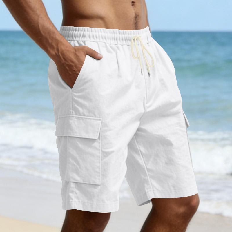 

Men s Light Blue Linen-Look Cargo Shorts Drawstring Elastic Waist Casual Shorts S белый