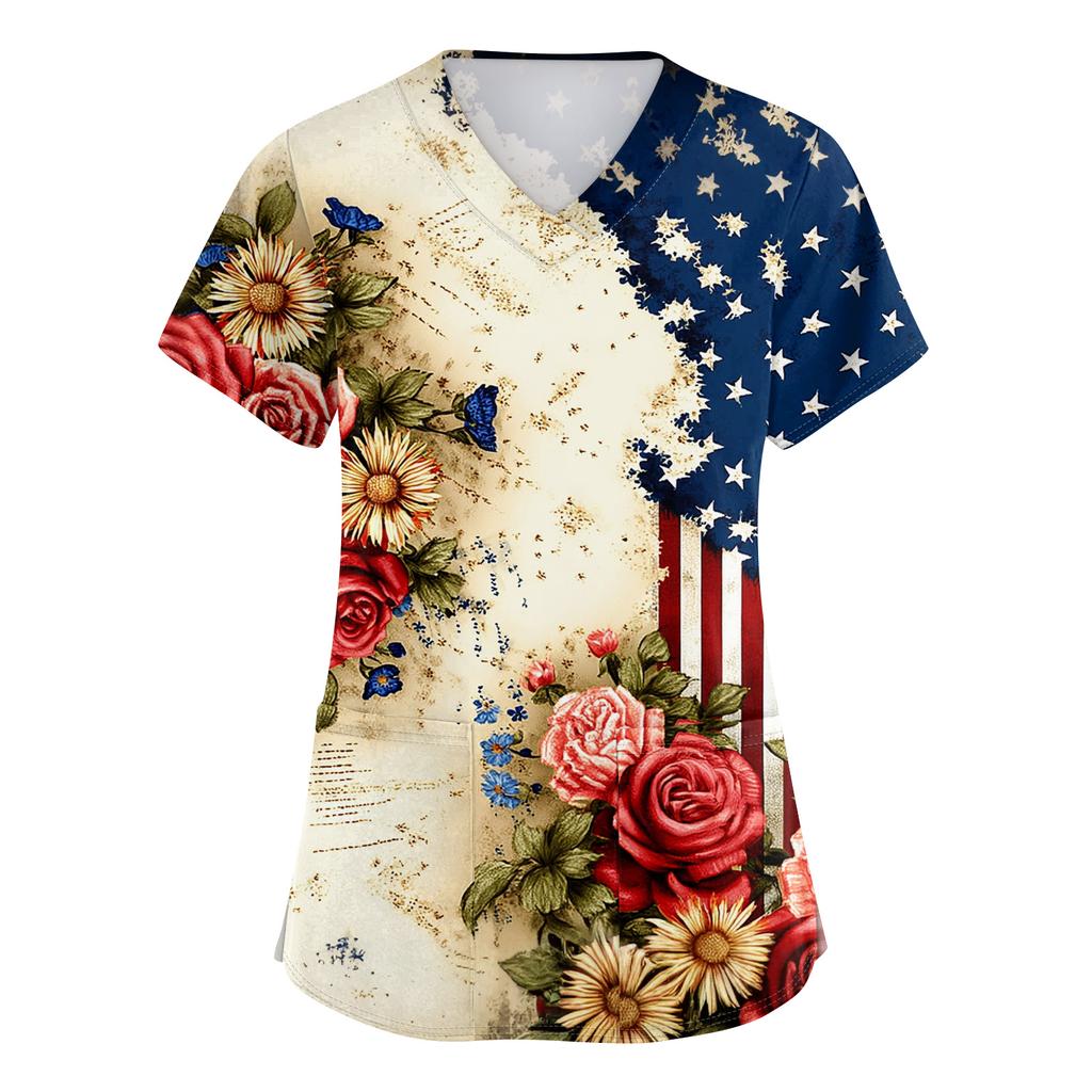 Damen Kurzarm Unabhängigkeitstag Aufdruck V-Ausschnitt Tasche Arbeitskleidung Oberteil